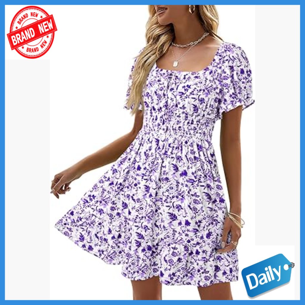 Boho Floral Smocked Square Neck Ruffle Mini Dress Summer Casual
